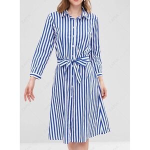 Talbots Fit And Flare‎ Blue and White Stripe Shirtdress Size 8p Long Sleeve Midi